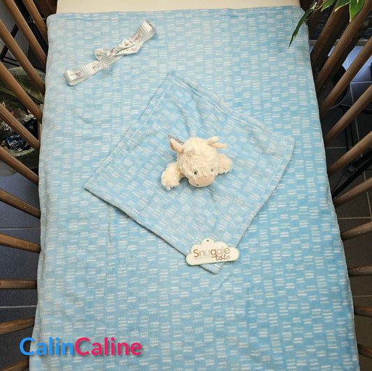 Pack Bébé A Personnaliser | Couverture Eté Bleue 75cm x 90cm + Doudou Vache 35cm