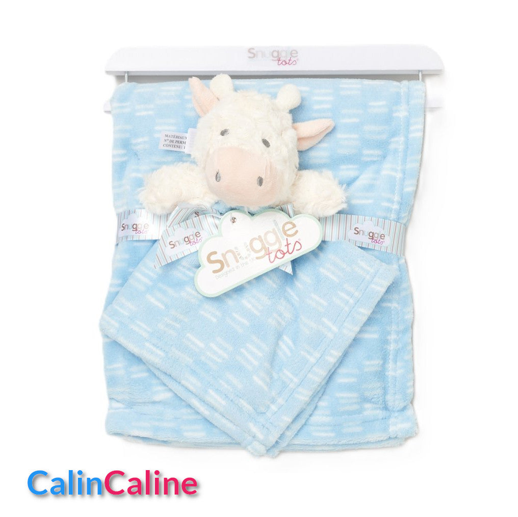 Pack Bébé A Personnaliser | Couverture Eté Bleue 75cm x 90cm + Doudou Vache 35cm