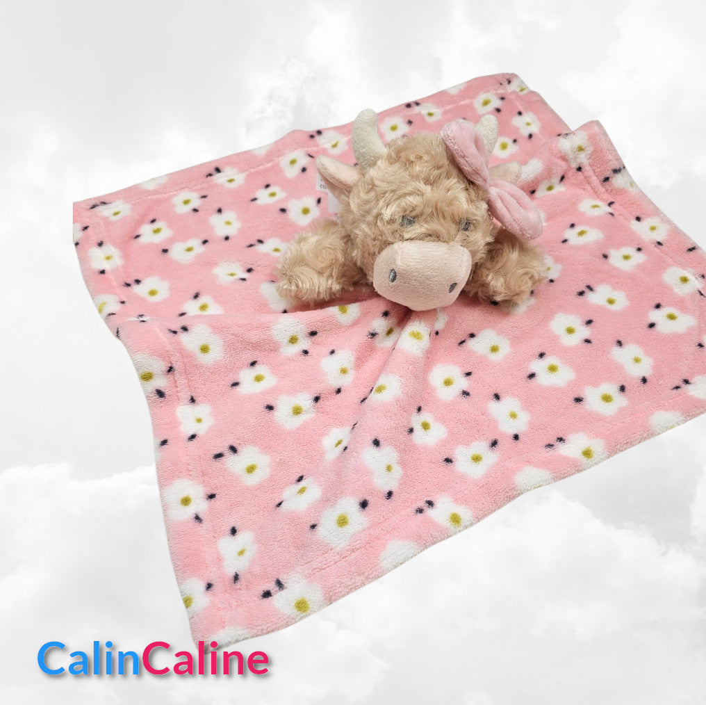 Pack Bébé A Personnaliser | Couverture Eté Rose 75cm x 90cm + Doudou Vache 35cm