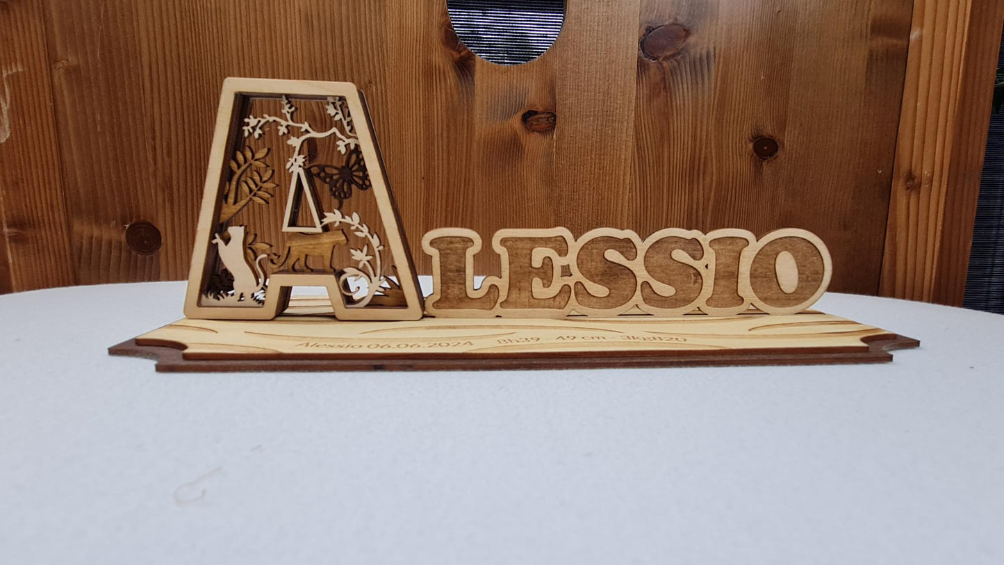 Prénom avec lettre 3D en bois | Avec pied à poser | A personnaliser | 10cm x 29cm