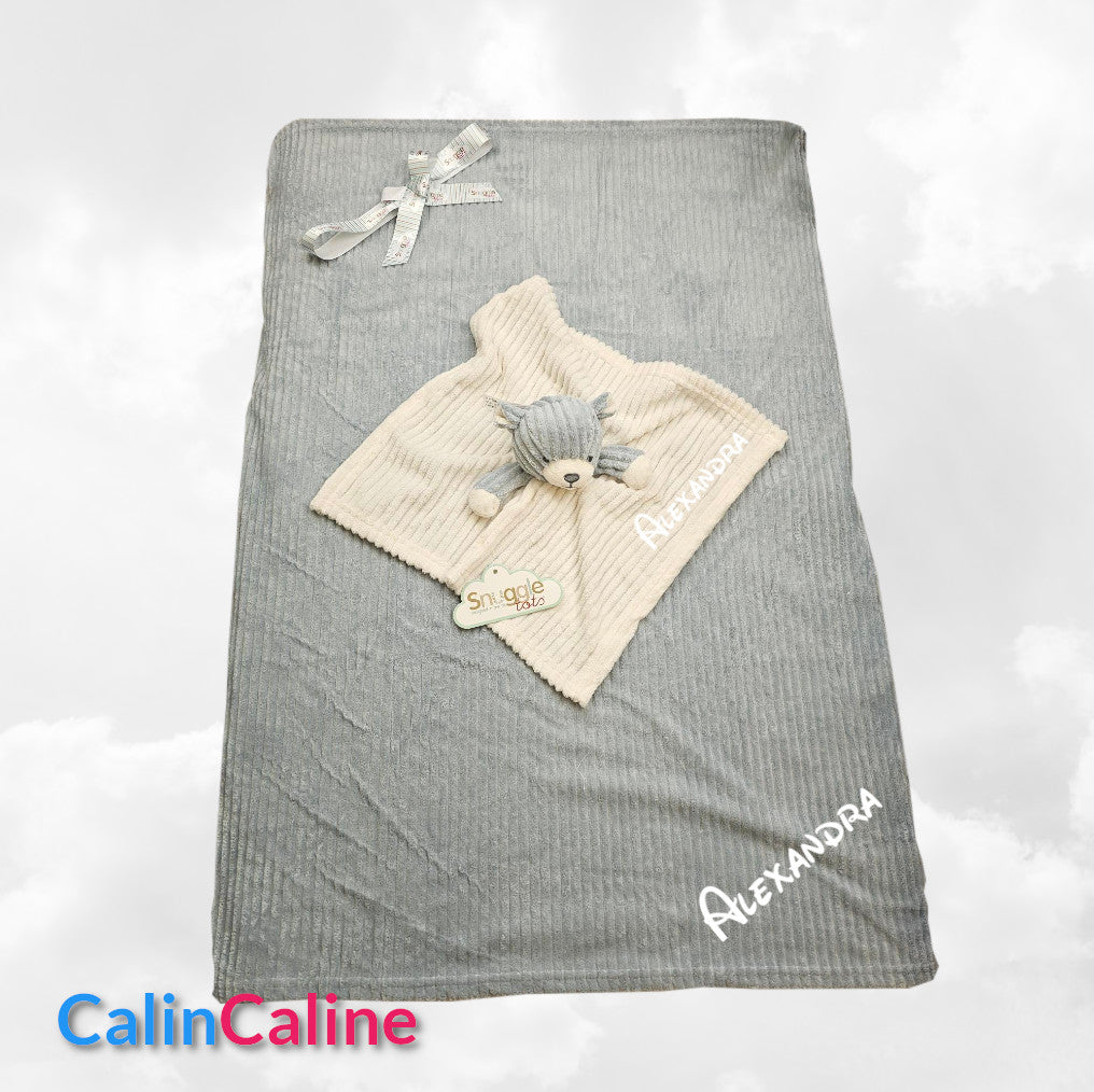 Pack Bébé A Personnaliser | Couverture Eté Grise 75cm x 90cm + Doudou Ourson 35cm