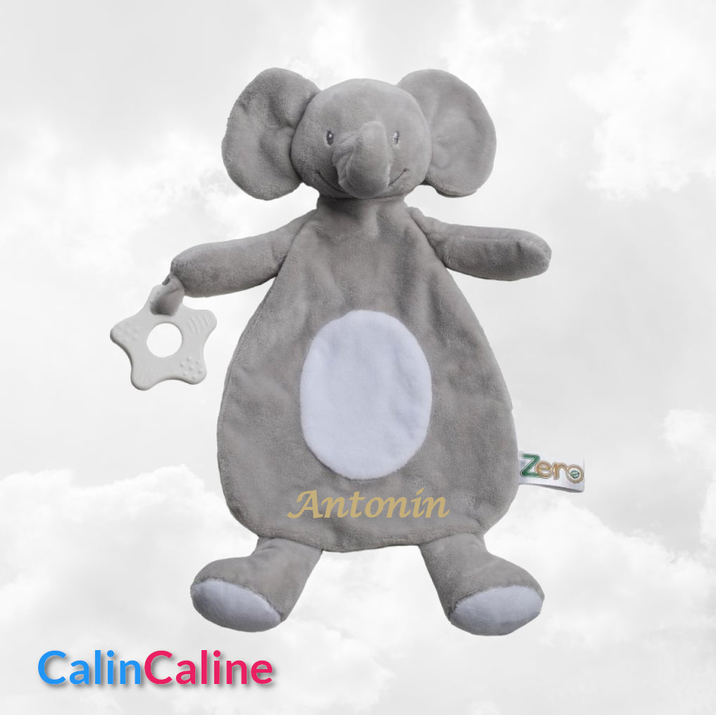 Doudou Eléphant 28cm Gris Avec Anneau de Dentition | Prénom Brodé