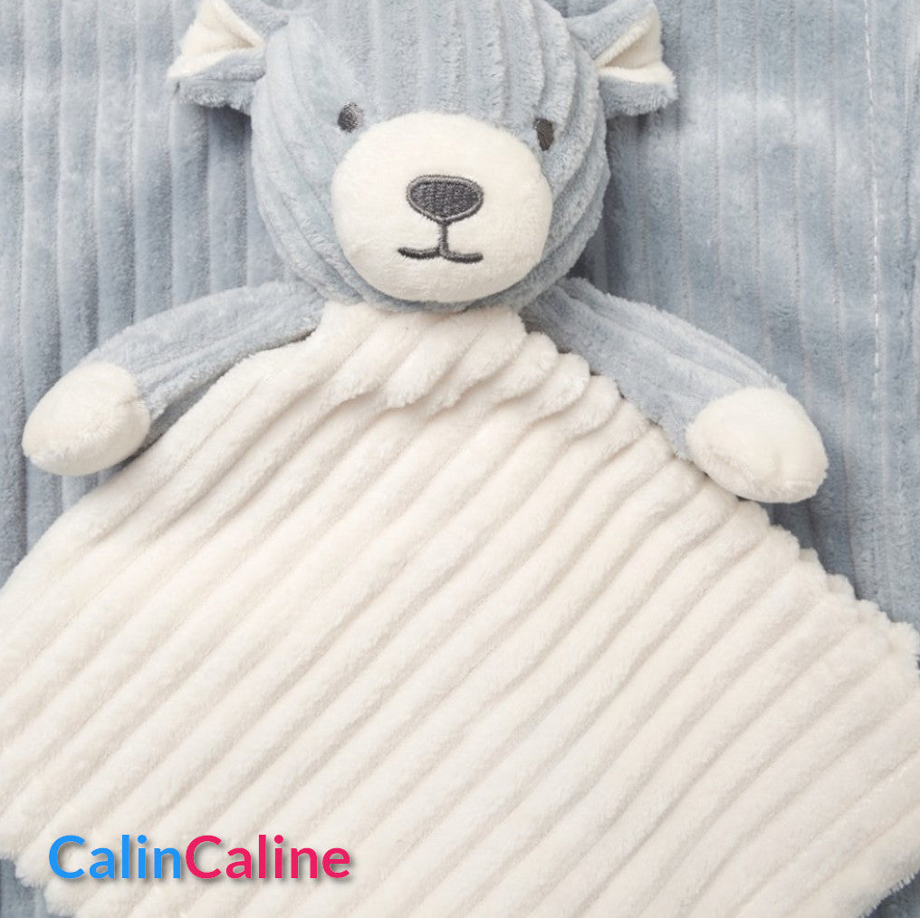 Pack Bébé A Personnaliser | Couverture Eté Grise 75cm x 90cm + Doudou Ourson 35cm