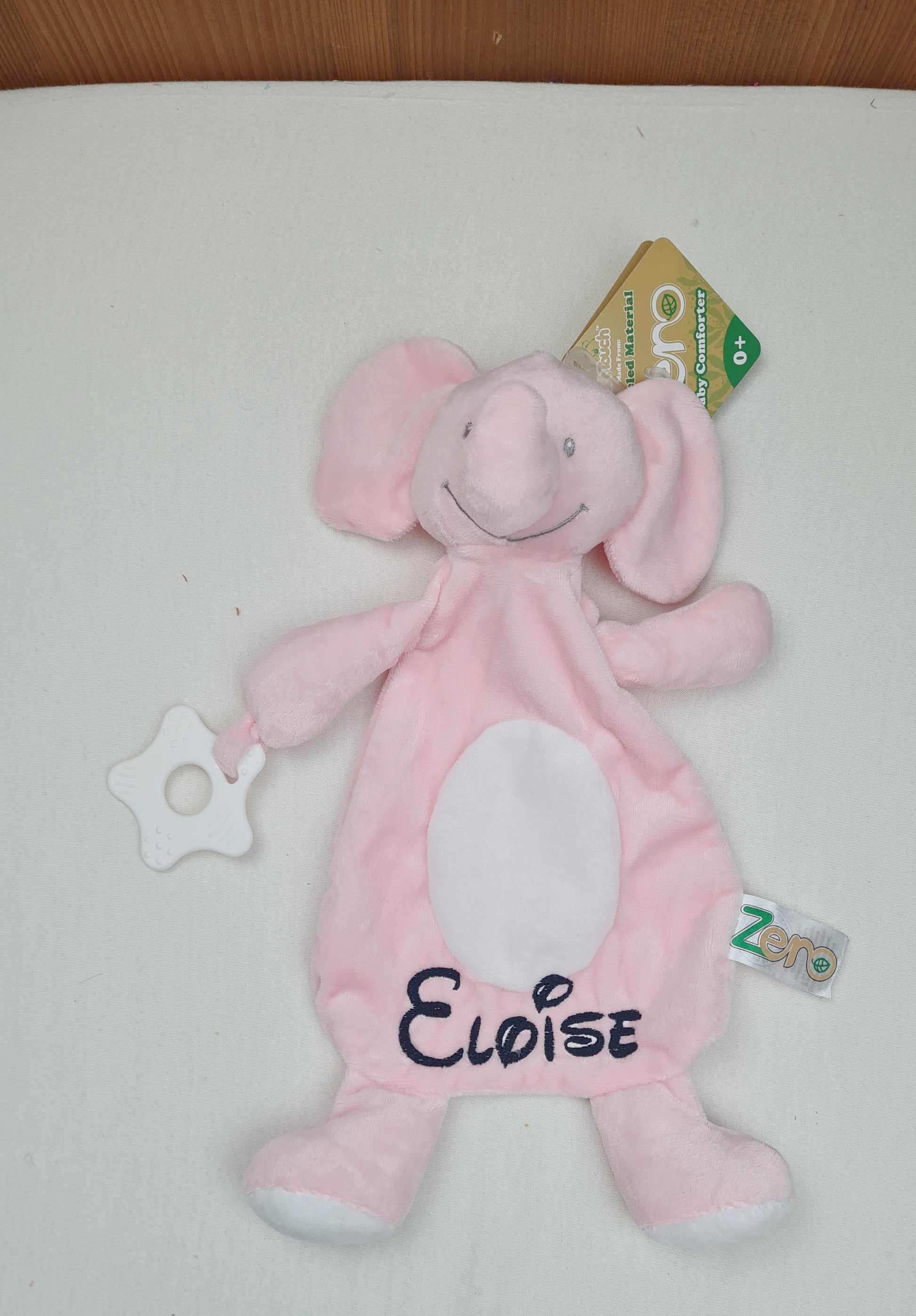 Doudou Eléphant 28cm Rose Avec Anneau de Dentition | Prénom Brodé