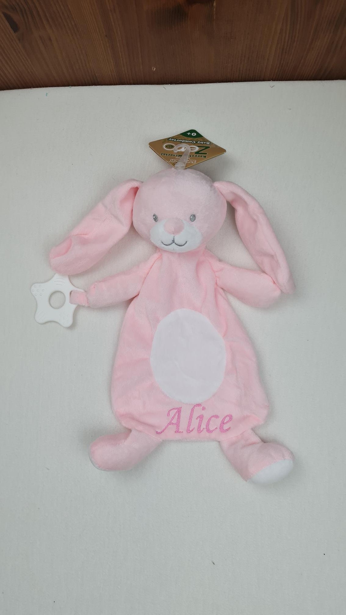 Doudou Lapin 28cm Rose Avec Anneau de Dentition | Prénom Brodé