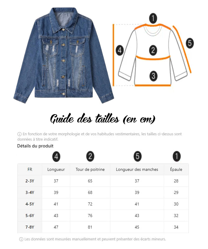 Veste en Jeans Enfant Bleu Foncé | Guide des tailles