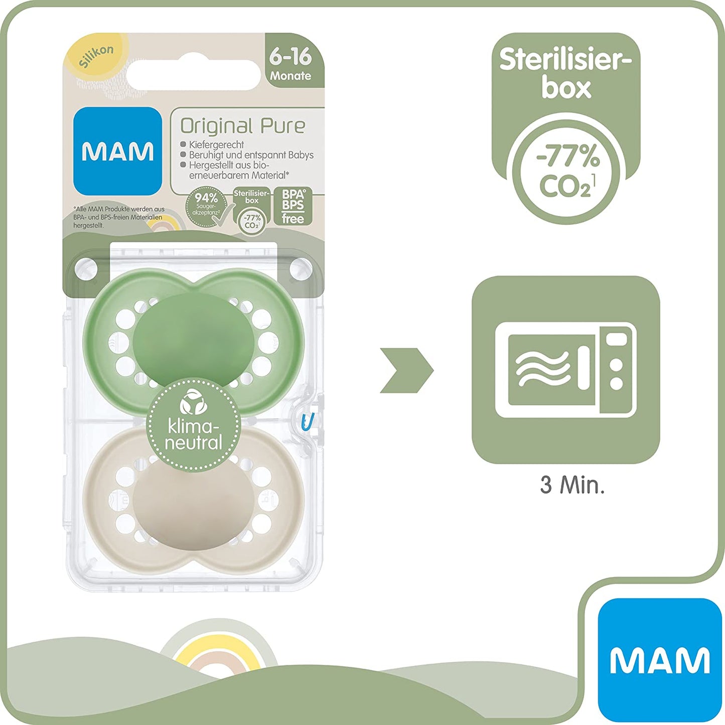 2 Sucettes MAM PURE personnalisées | 6-16 mois | 100% Durable | Vert & Beige