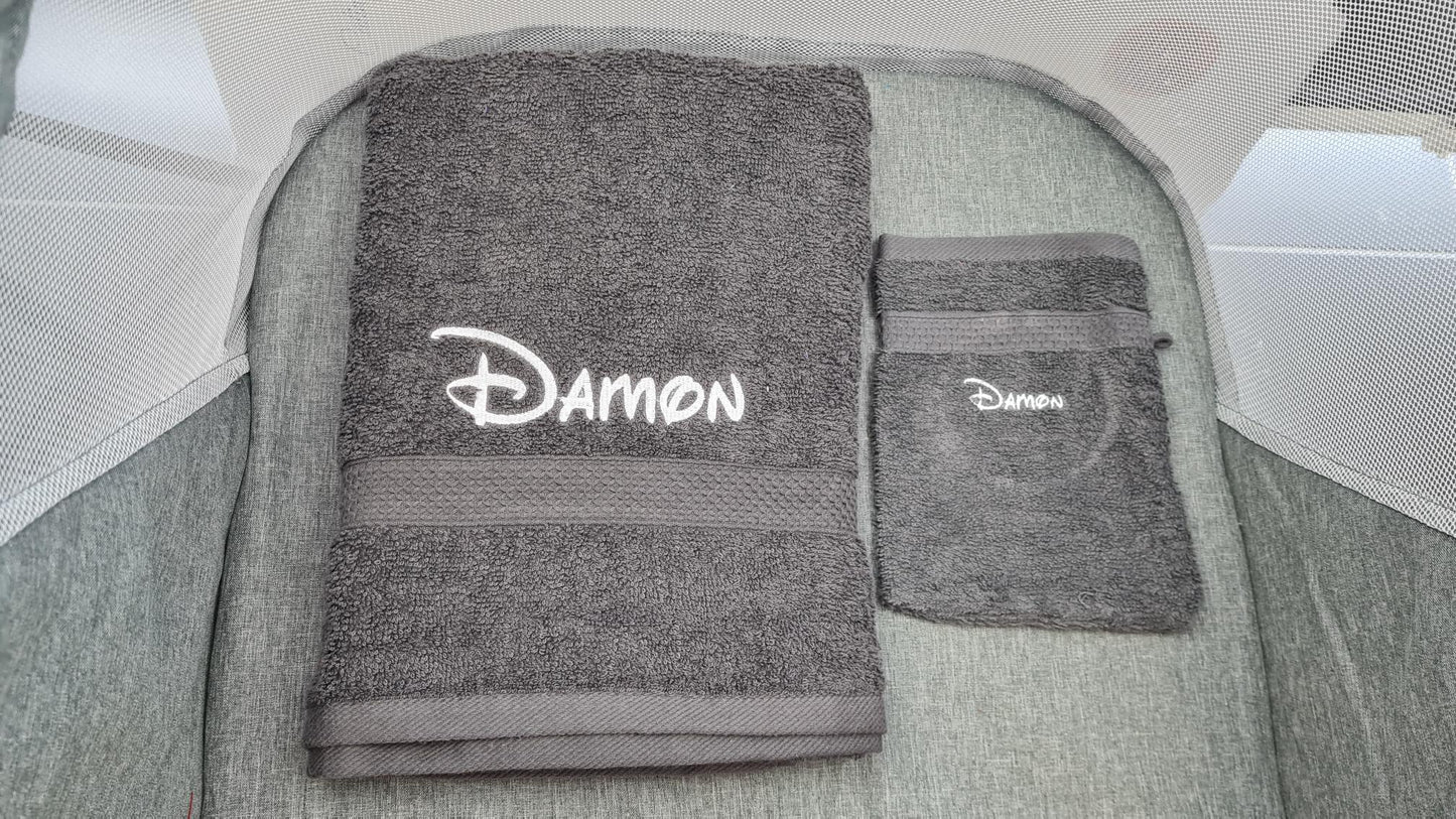 Ensemble Drap de bain + Gant de toilette assorti | Prénom Brodé | Anthracite