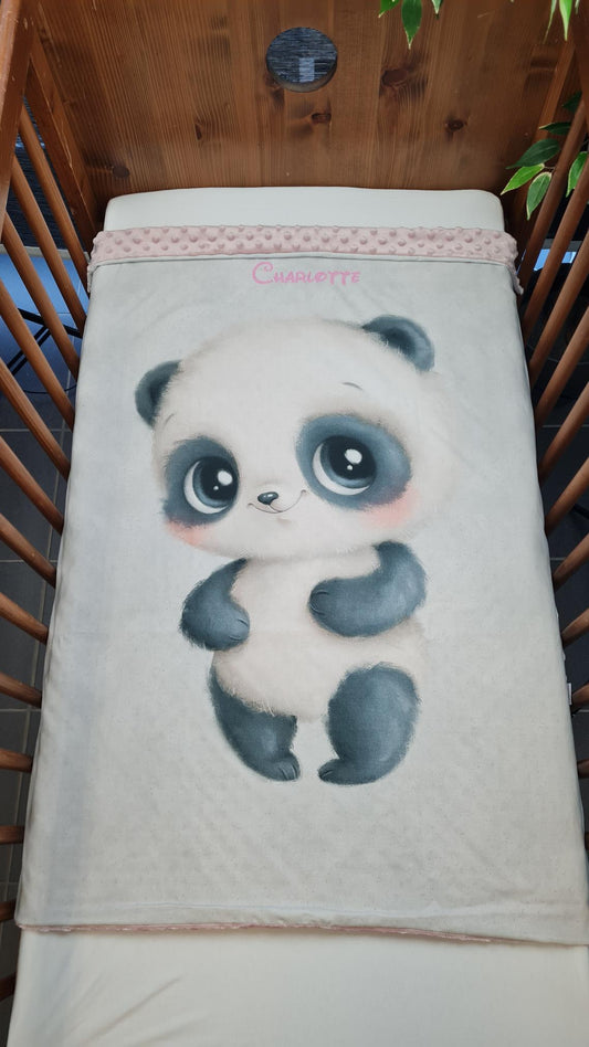 Couverture Plaid Bébé Panda Gris | 70cm x 95cm | Couleur minky au choix