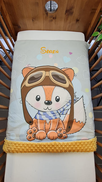Couverture Plaid Bébé Renard Pilote | 70cm x 95cm | Couleur minky au choix