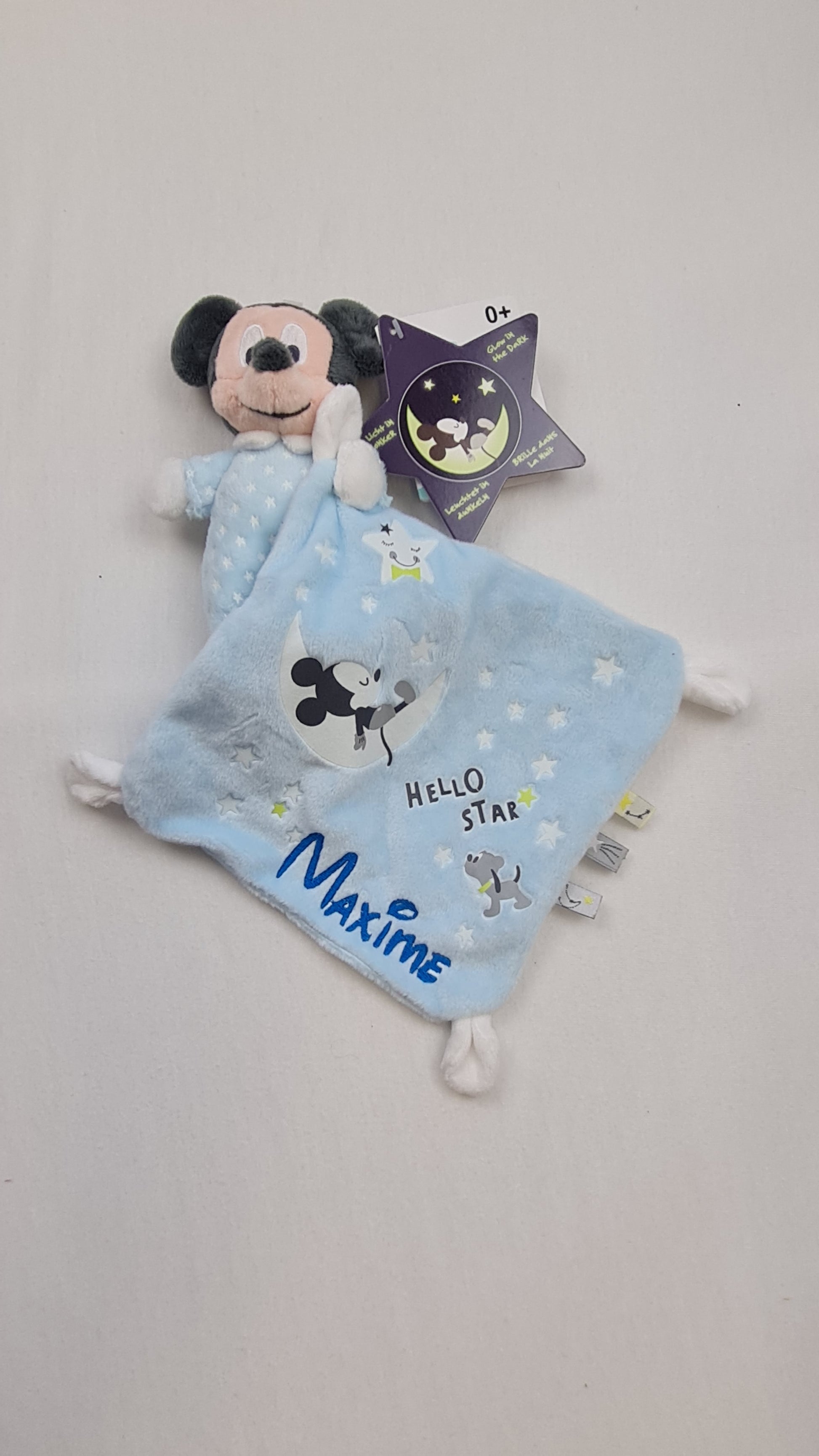 Doudou Disney Bébé Mickey Phosphorescent | 18cm x 18cm | A Personnaliser