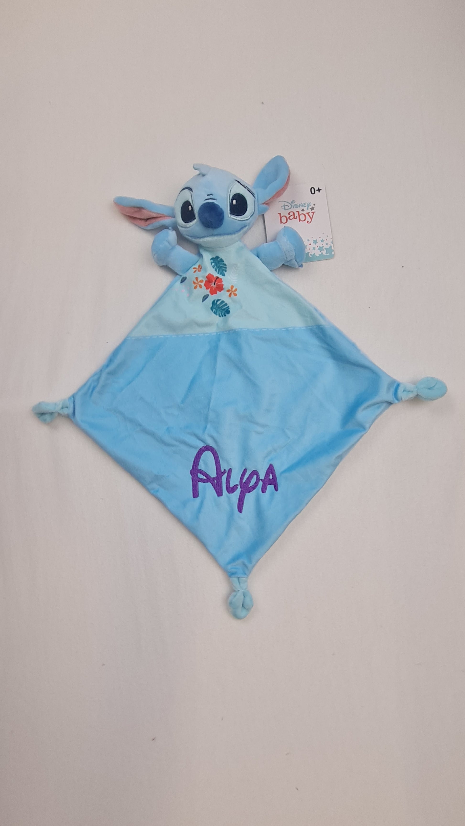 Doudou Mouchoir Disney Stitch Fleur Bleu 22cm | Avec prénom brodé - Calincaline.be