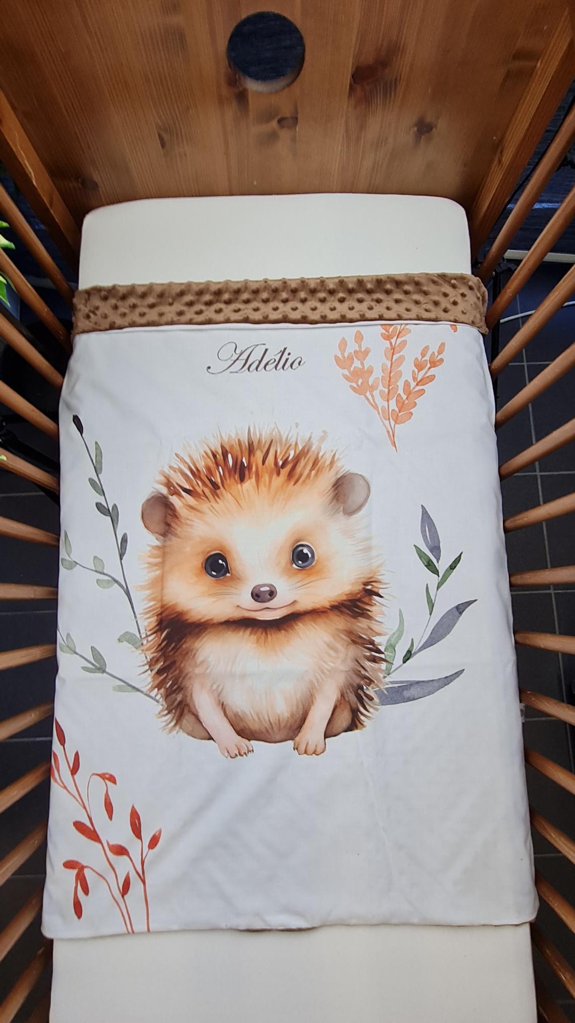 Couverture Plaid Hérisson Forêt | 70cm x 95cm | Couleur minky au choix