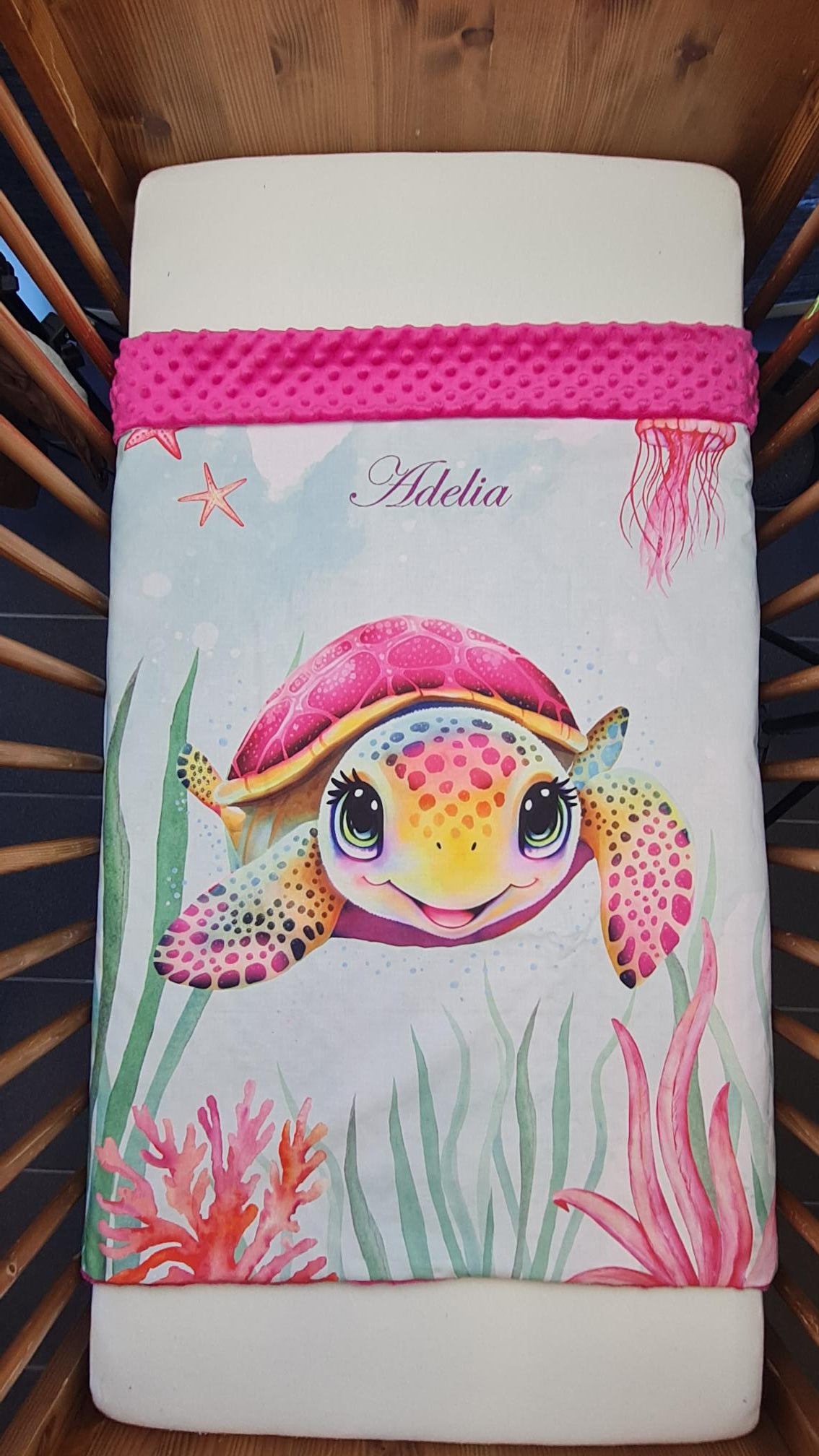 Couverture Plaid Tortue de Mer Rose | 70cm x 95cm | Couleur minky au choix