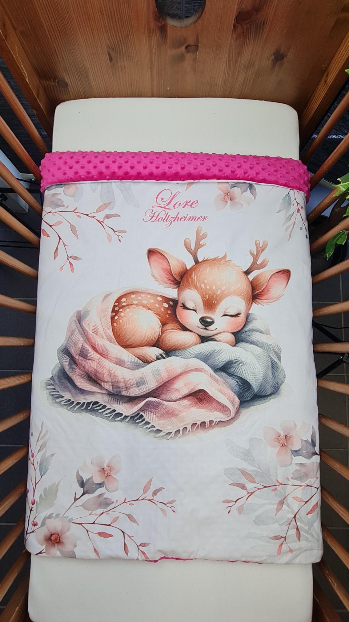 Couverture Plaid Bébé | Biche Rose Endormie | 70cm x 95cm | A Personnaliser