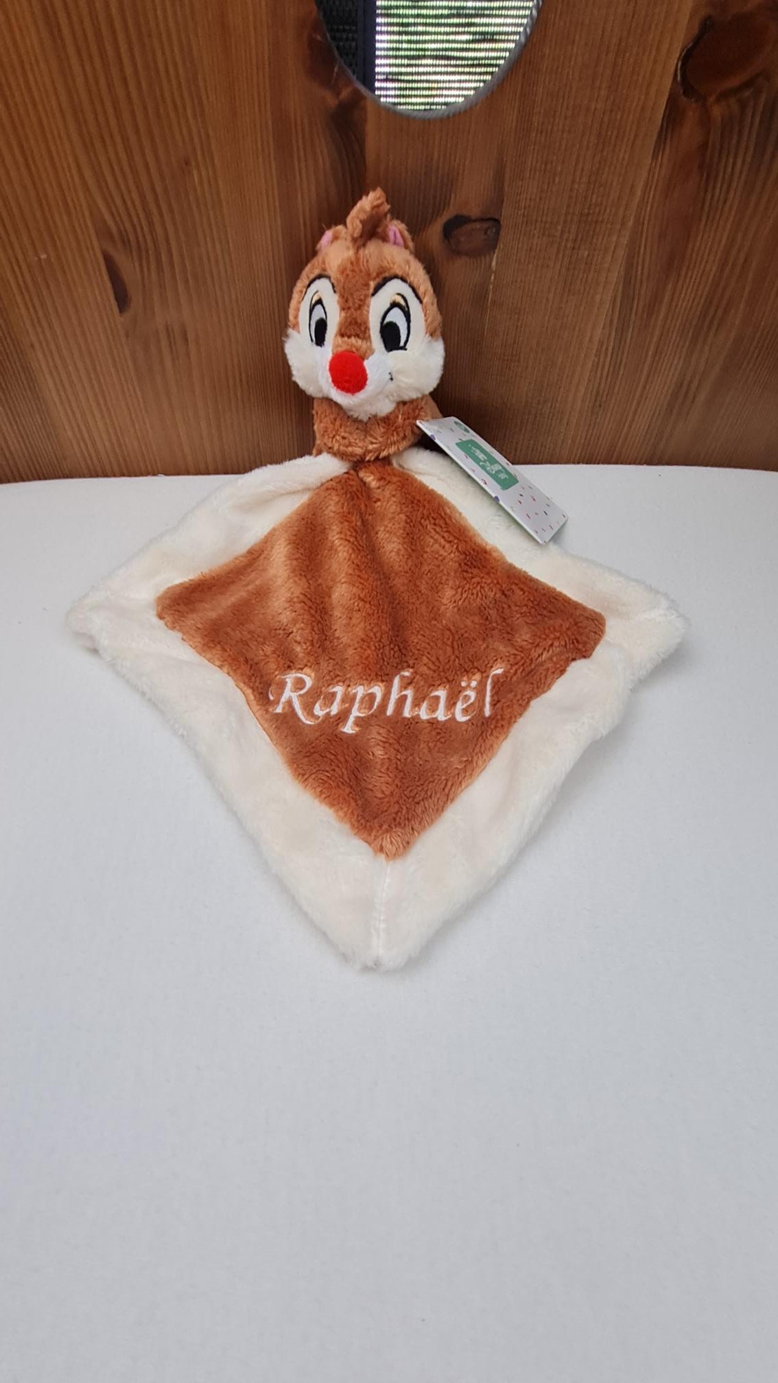 Doudou Mouchoir Disney Tic et Tac 21cm | Avec prénom | Tac Brun Clair