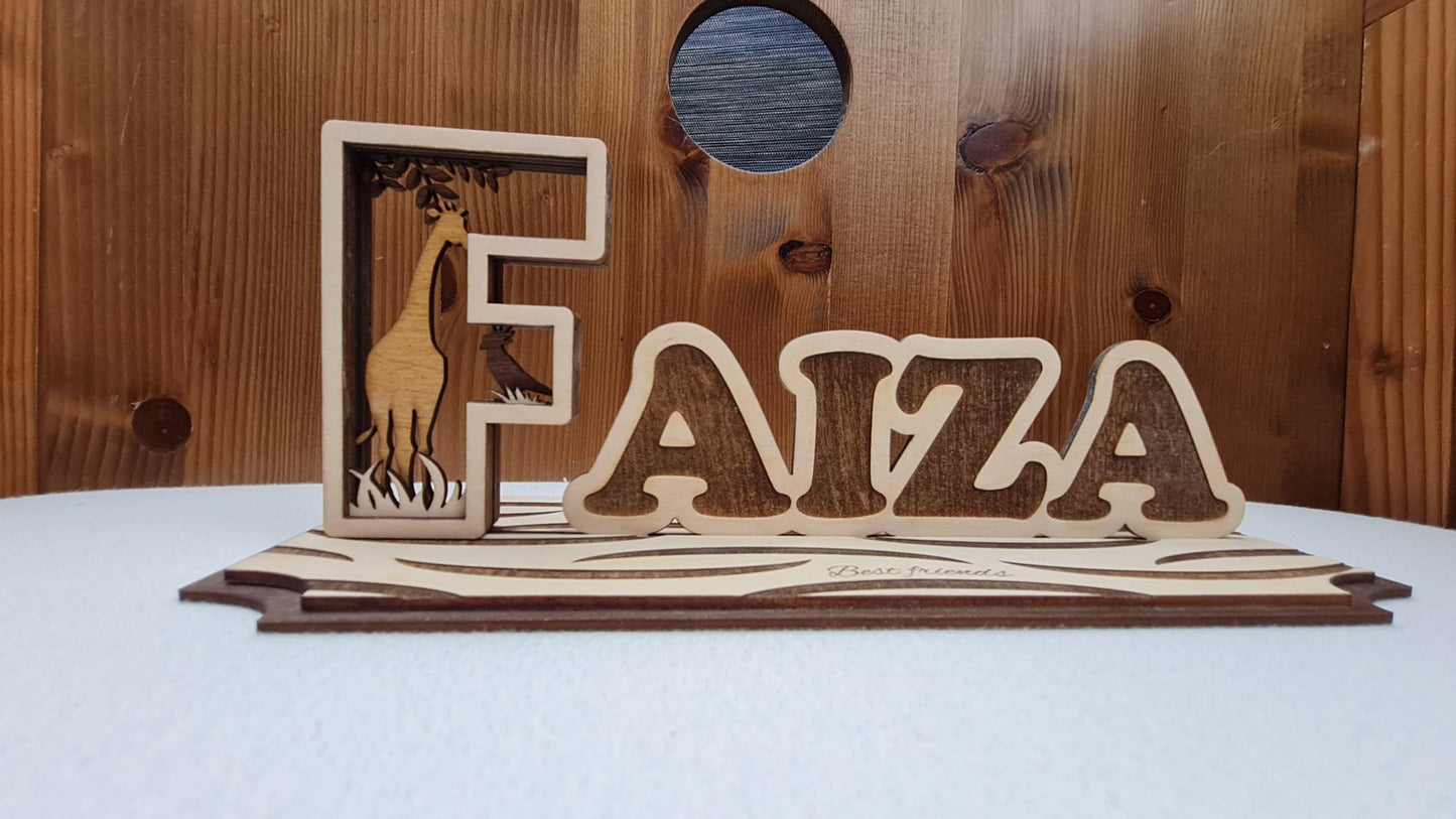 Prénom avec lettre 3D en bois | Avec pied à poser | A personnaliser | 10cm x 29cm