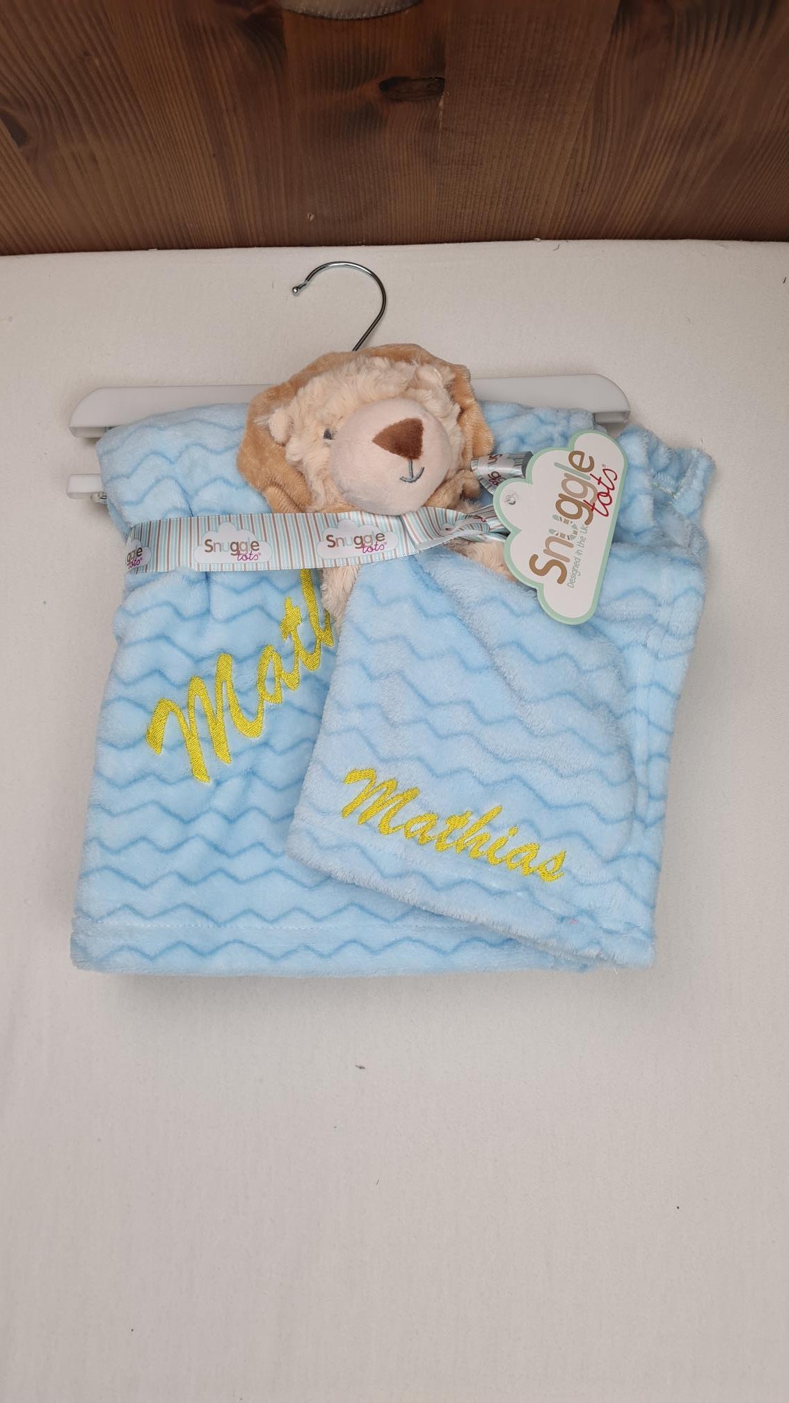 Pack Bébé A Personnaliser | Couverture Eté Bleue 75cm x 90cm + Doudou Lion 35cm