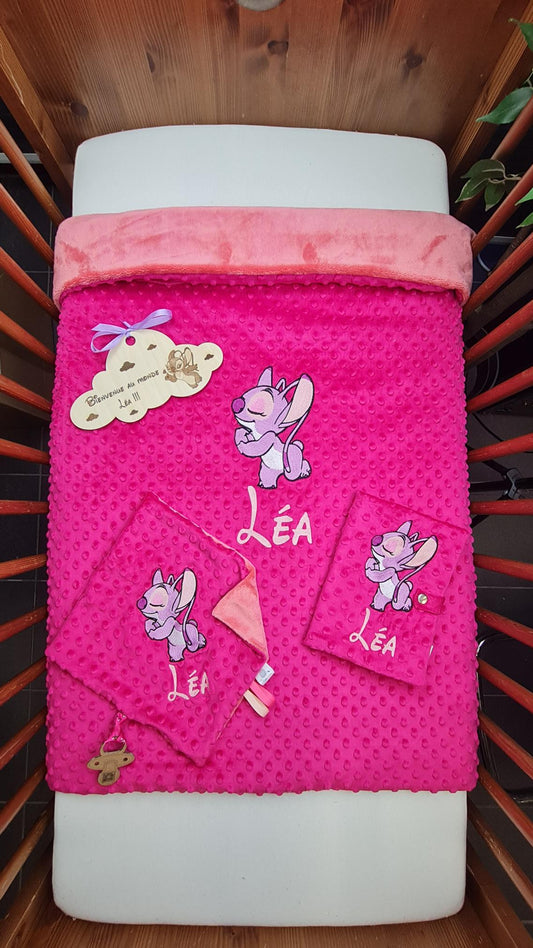 Pack Bébé Personnalisé | Couverture + Doudou 30cm + Protège carnet assortis | Fille | Minky