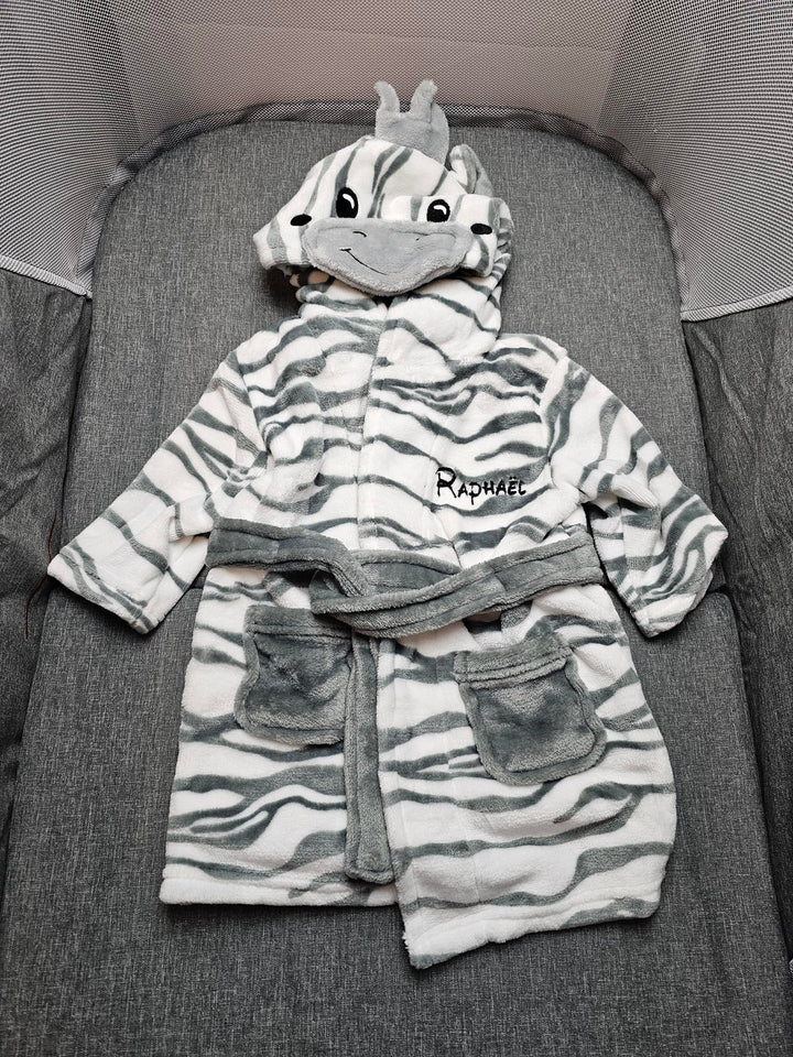 Peignoir Zèbre enfant | Gris et Blanc | Personnalisé avec prénom | 3 tailles
