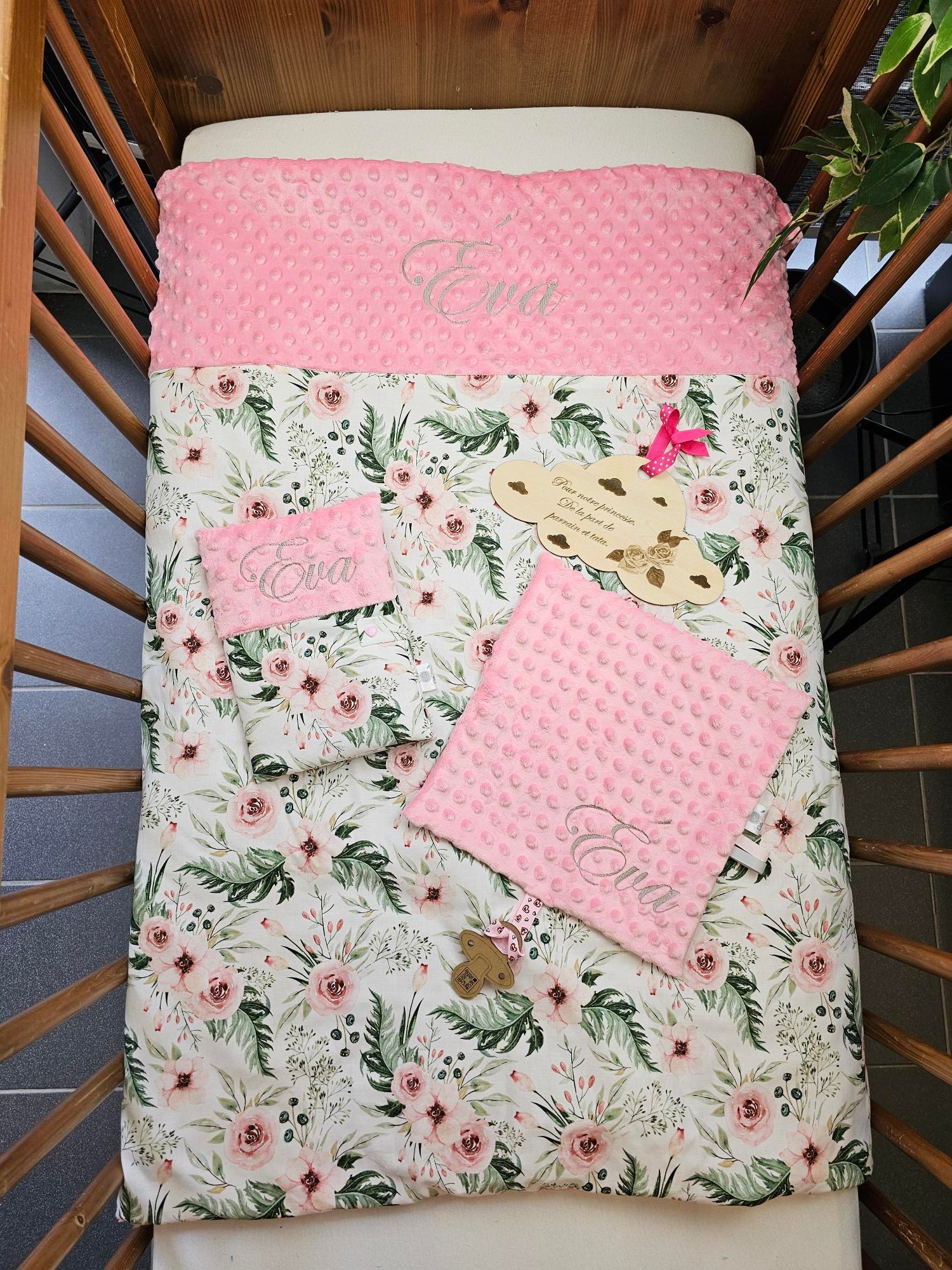 Pack Bébé Personnalisé | Couverture + Doudou 30cm + Protège carnet assortis | Fille | Coton
