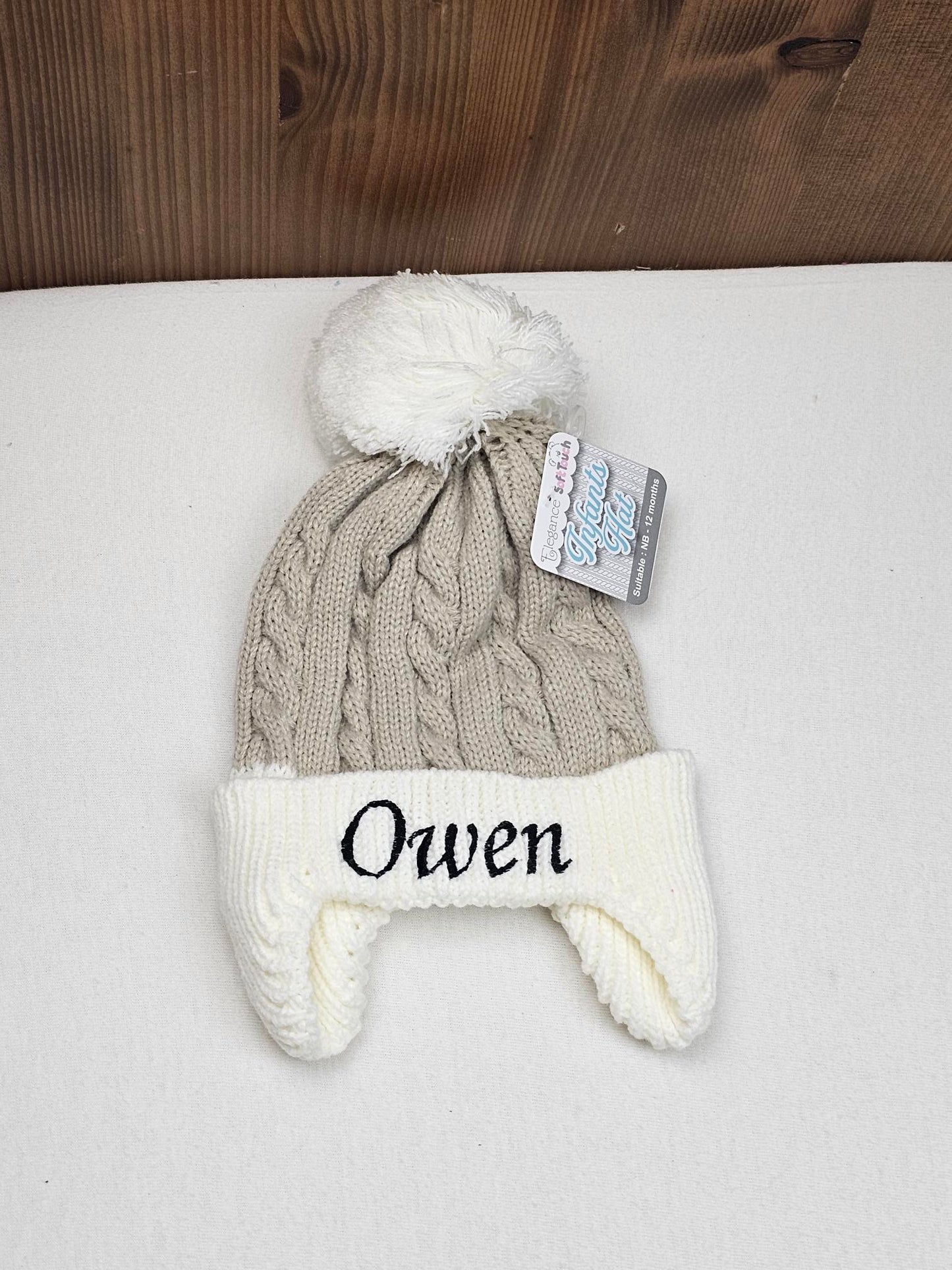 Bonnet Pompon Couvre Oreilles Café | 0 à 12 mois | Avec Prénom Brodé