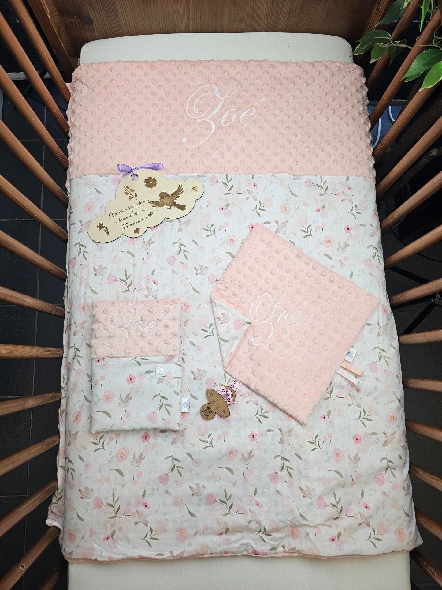 Pack Bébé Personnalisé | Couverture + Doudou 30cm + Protège carnet assortis | Fille | Coton