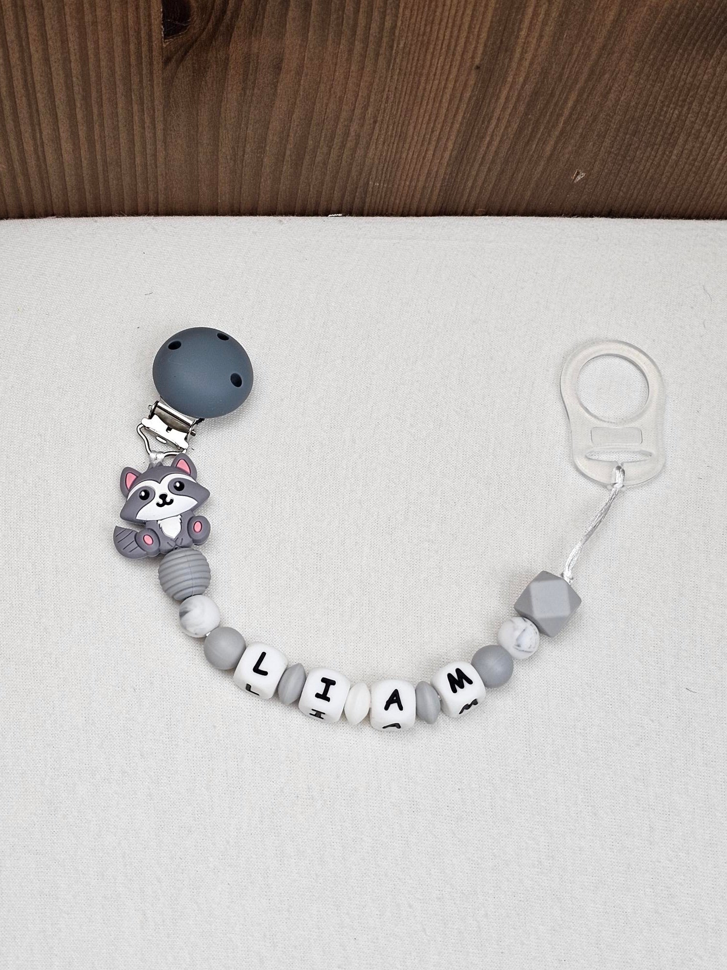 Attache Sucette A Perles En Silicone | Prénom Personnalisée | Raton Laveur