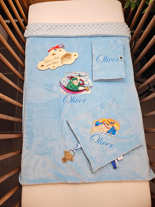 Pack Bébé Personnalisé | Couverture + Doudou 30cm + Protège carnet assortis | Garçon | Minky