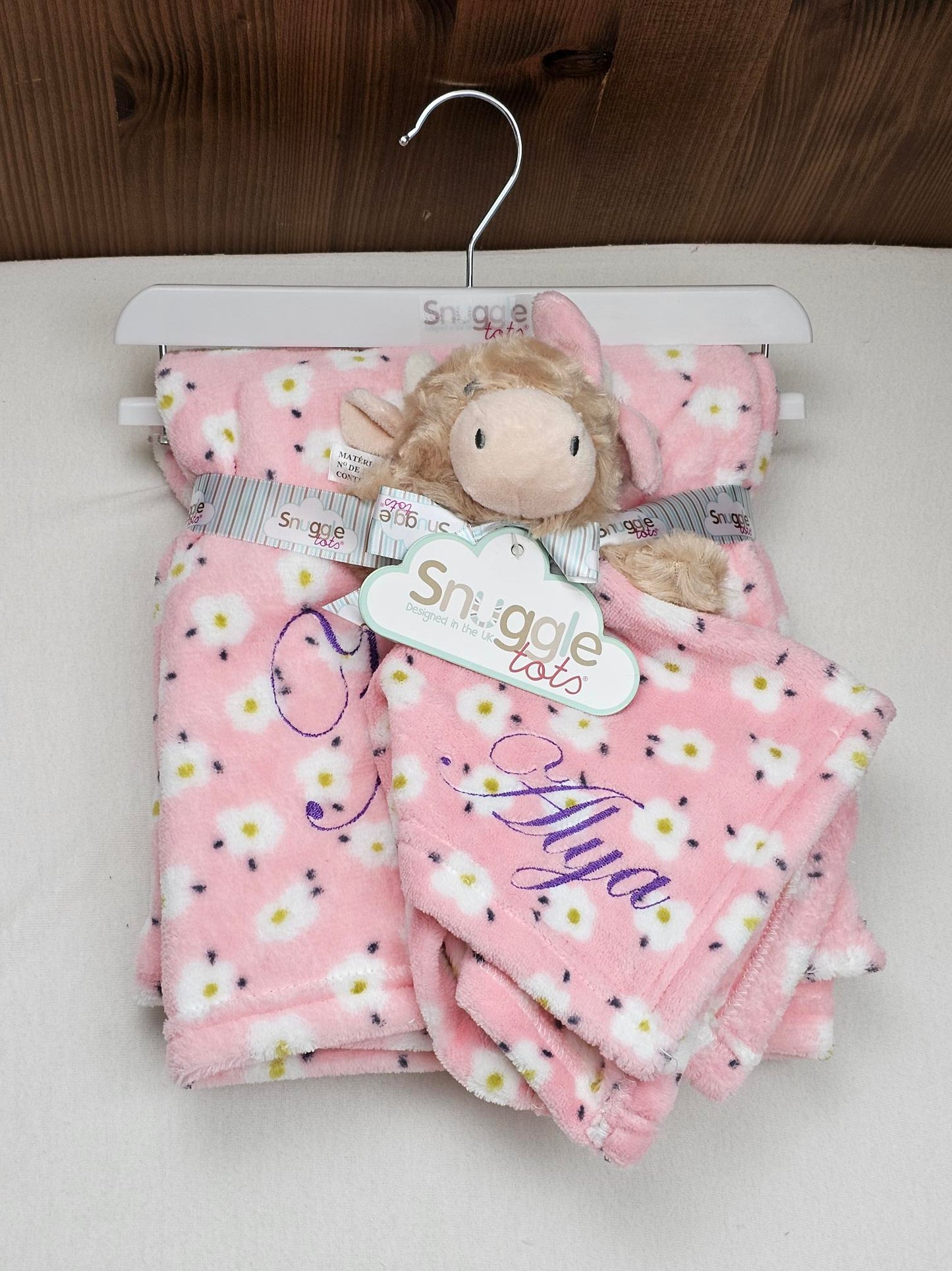 Pack Bébé A Personnaliser | Couverture Eté Rose 75cm x 90cm + Doudou Vache 35cm