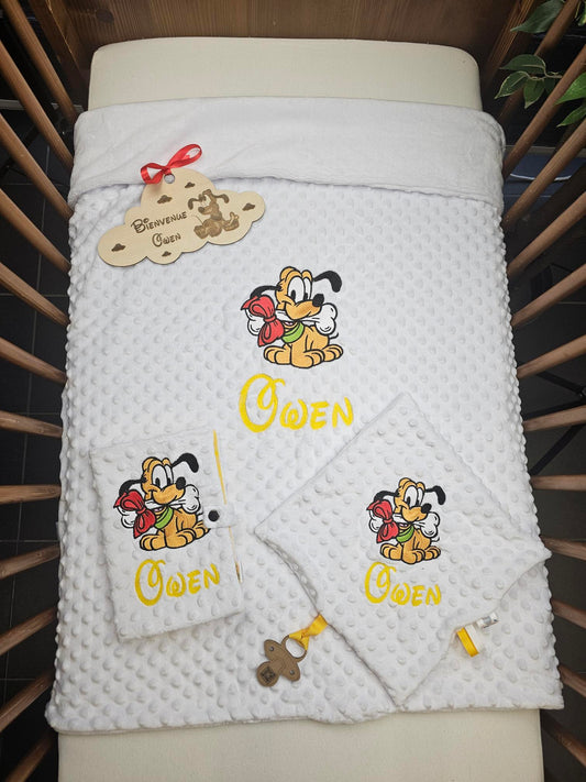 Pack Bébé Personnalisé | Couverture + Doudou 30cm + Protège carnet assortis | Garçon | Minky