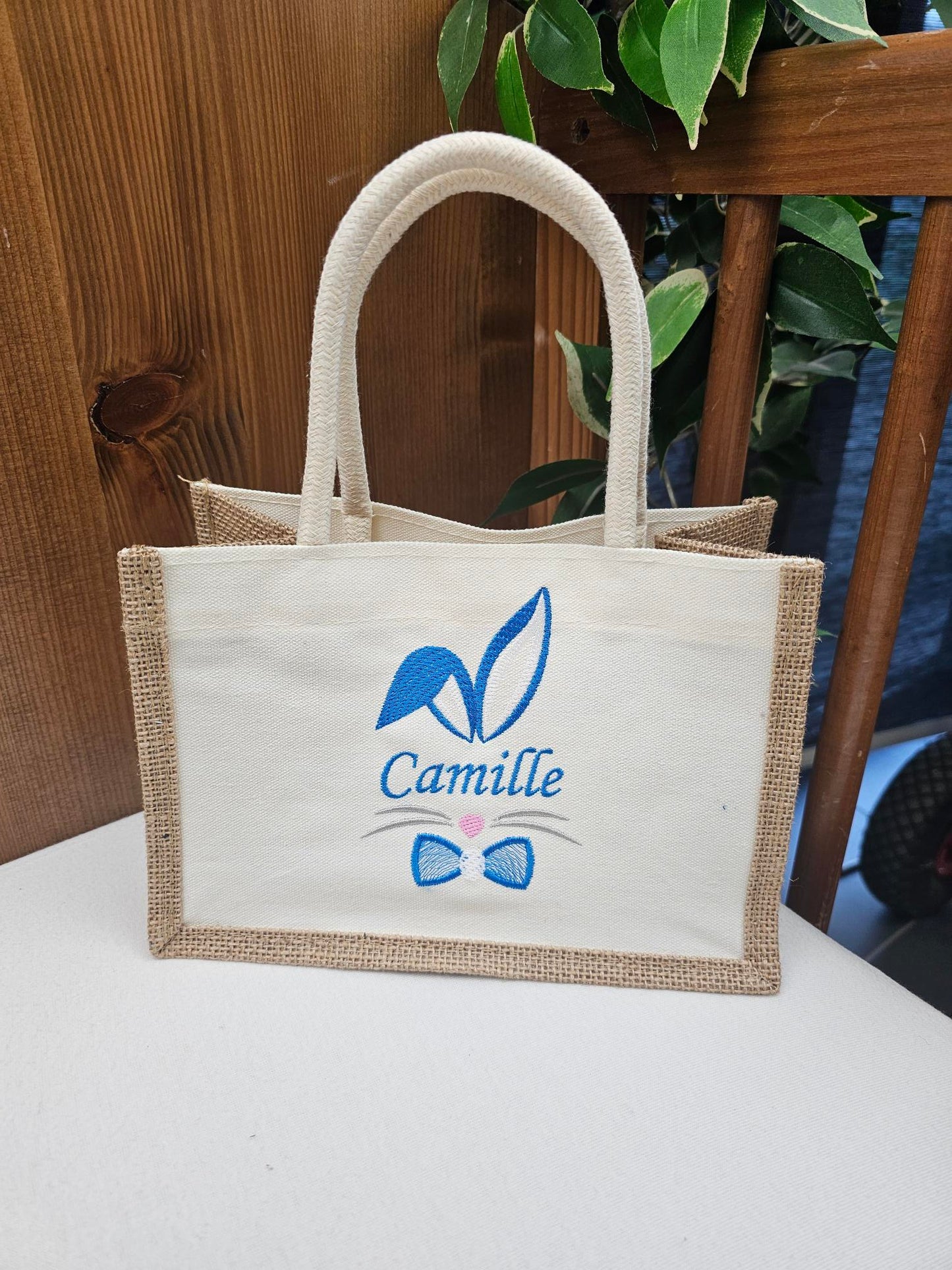 Petit Sac en Jute 23cm Personnalisé | Pâques | Lapinou Garçon