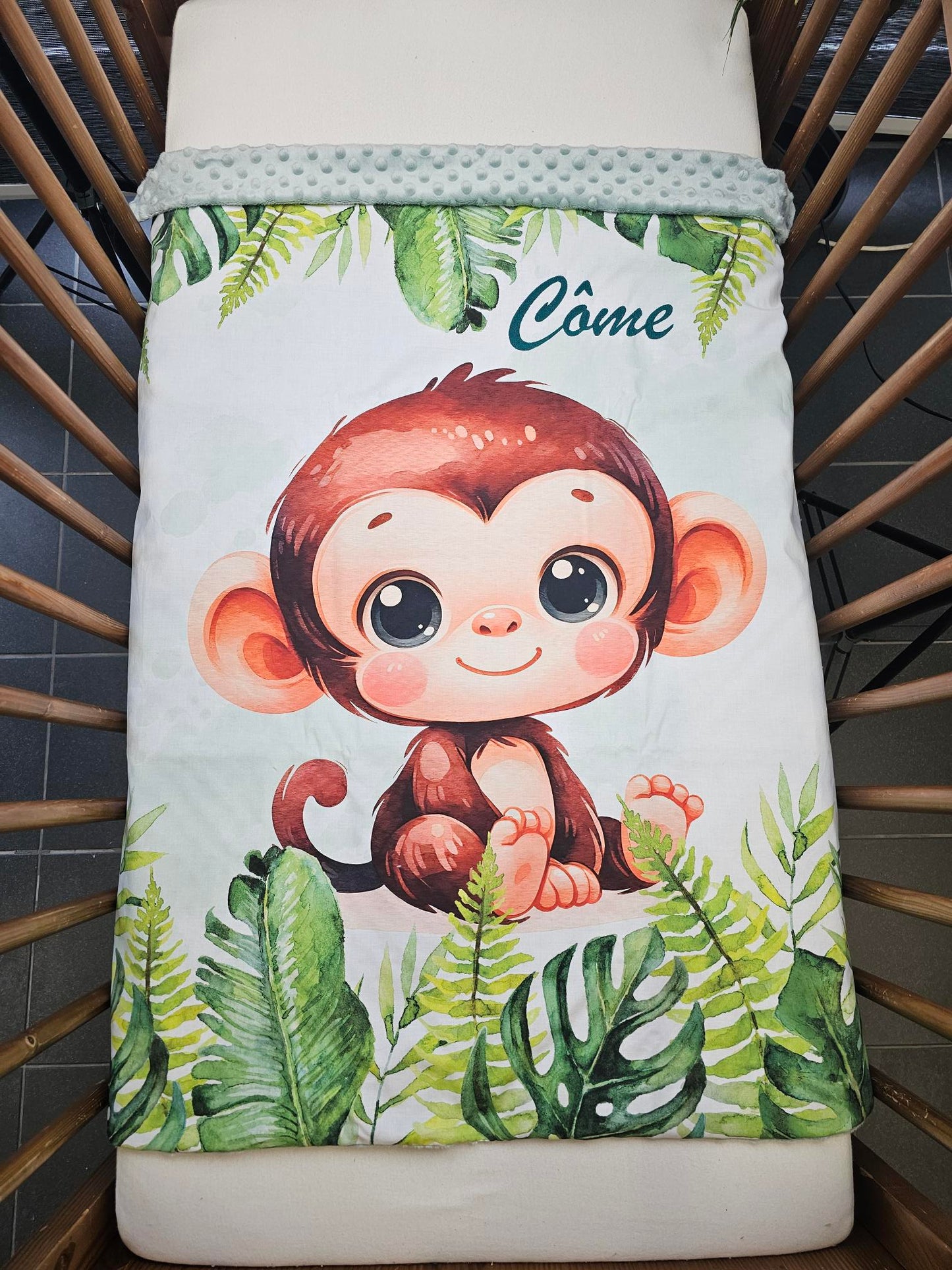 Couverture Plaid Bébé | Singe Bébé Feuilles | 70cm x 95cm | A Personnaliser