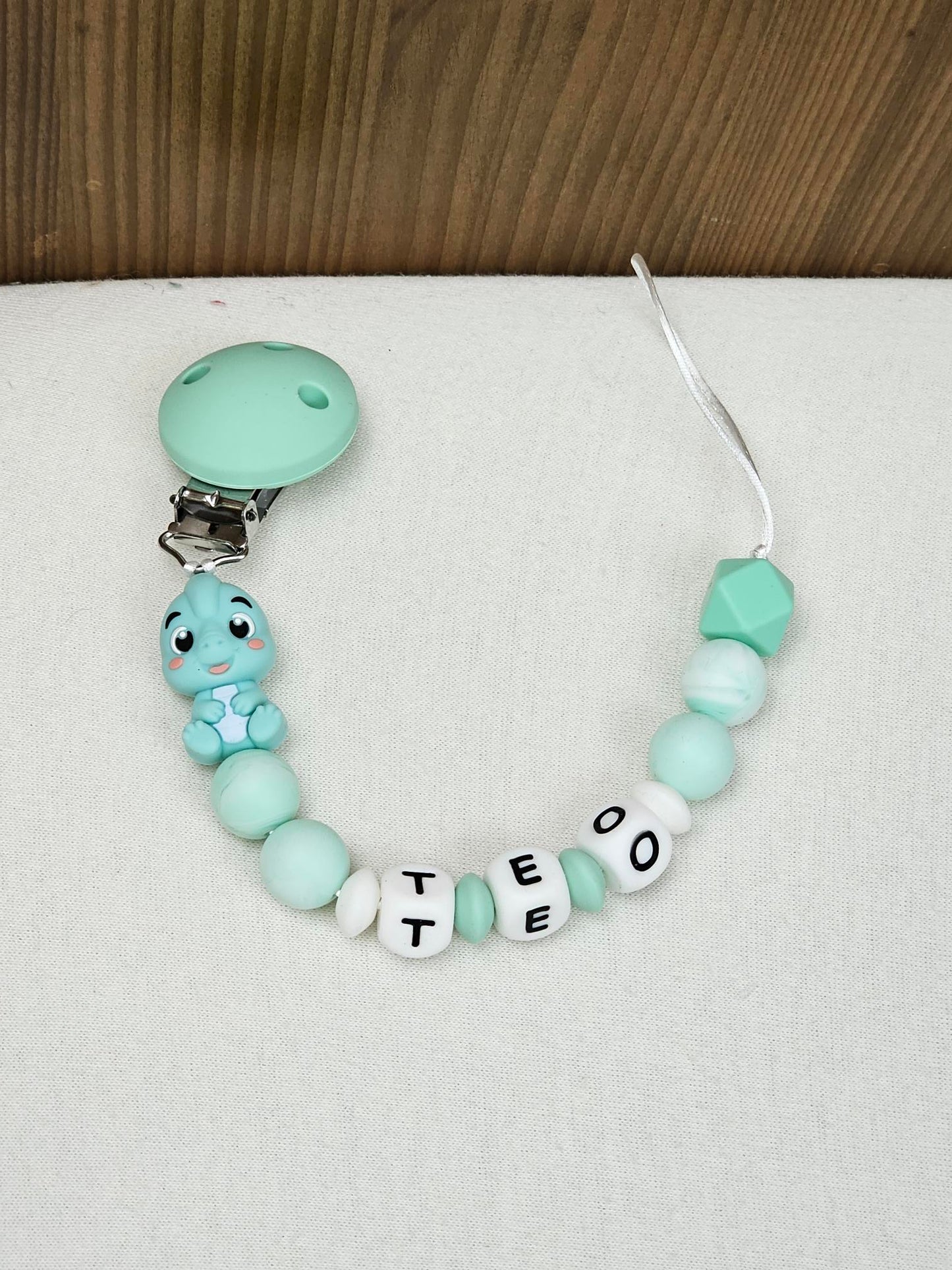 Attache Sucette A Perles En Silicone | Prénom Personnalisée | Baby Dino Menthe
