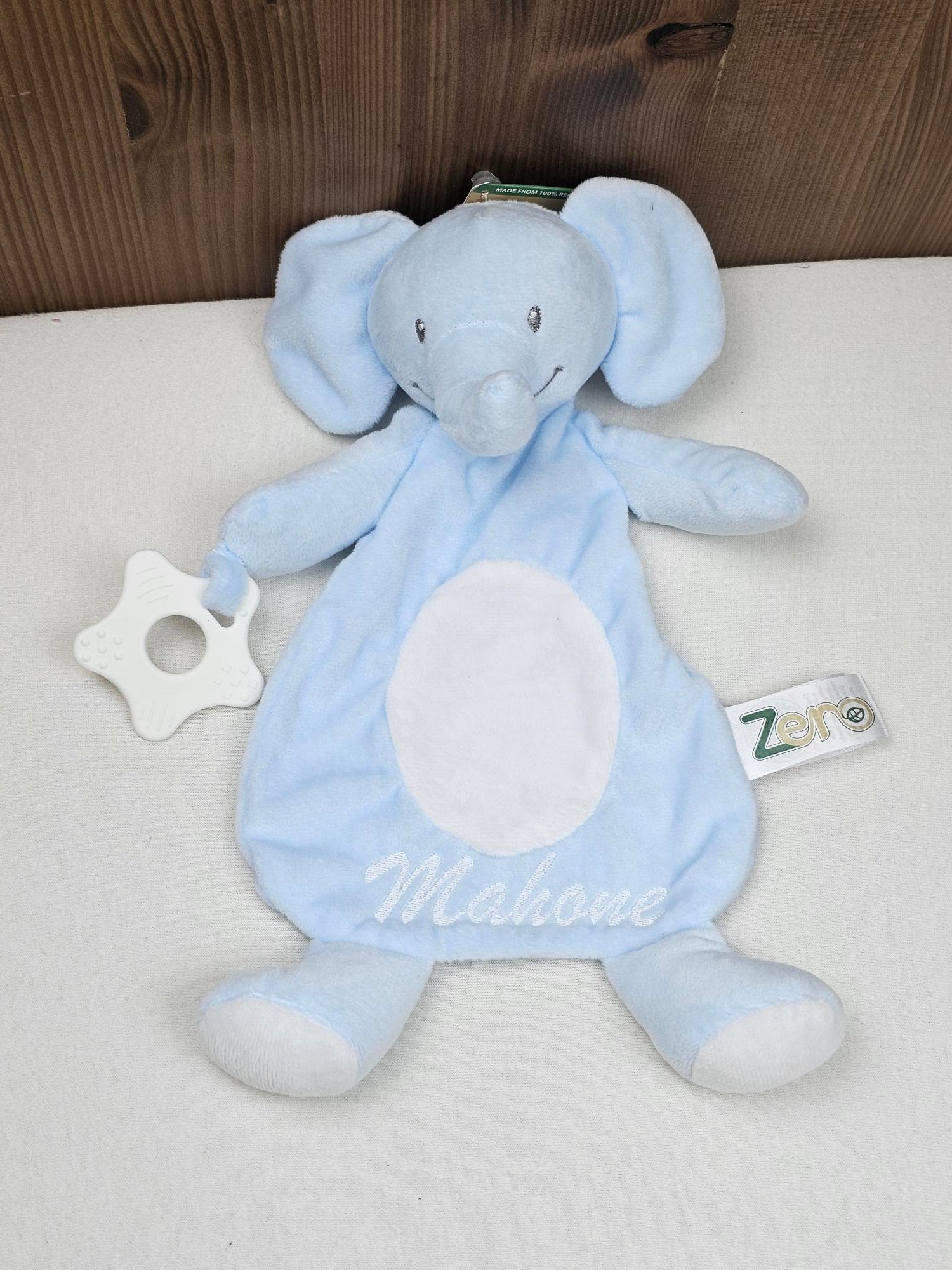 Doudou Eléphant 28cm Bleu Avec Anneau de Dentition | Prénom Brodé