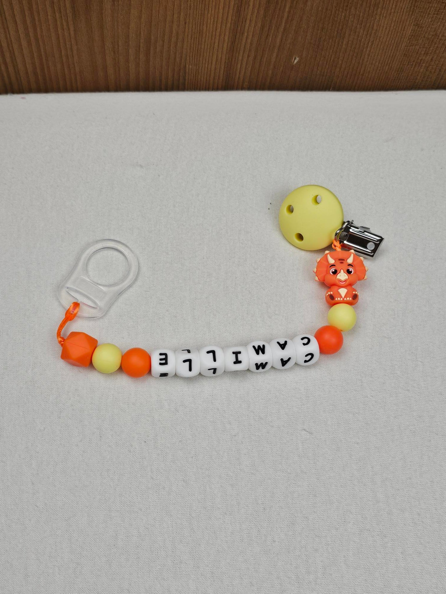 Attache Sucette A Perles En Silicone | Prénom Personnalisée | Triceratops Orange