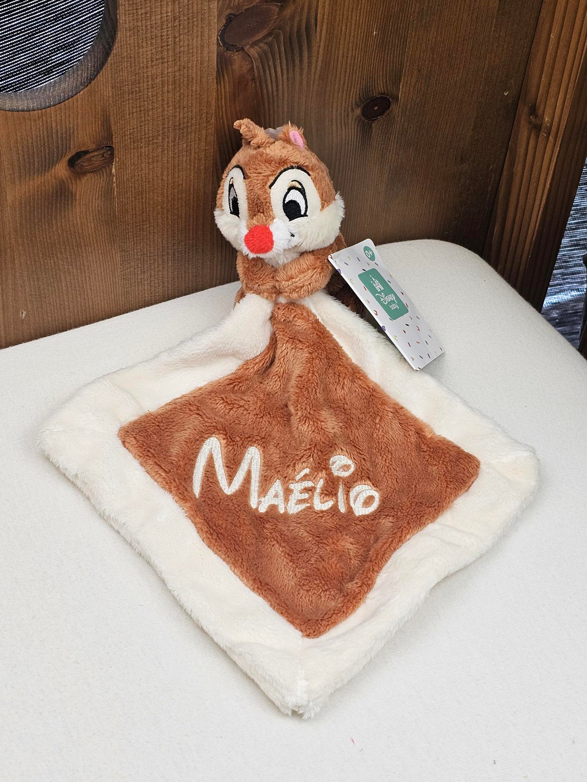 Doudou Mouchoir Disney Tic et Tac 21cm | Avec prénom | Tac Brun Clair