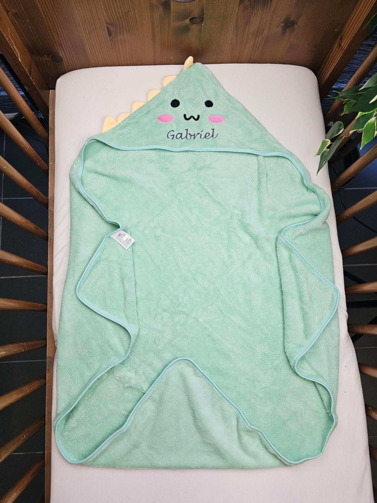 Cape de bain Dinosaure Vert Menthe 0-3 ans | 80cm x 80cm | Prénom Brodé