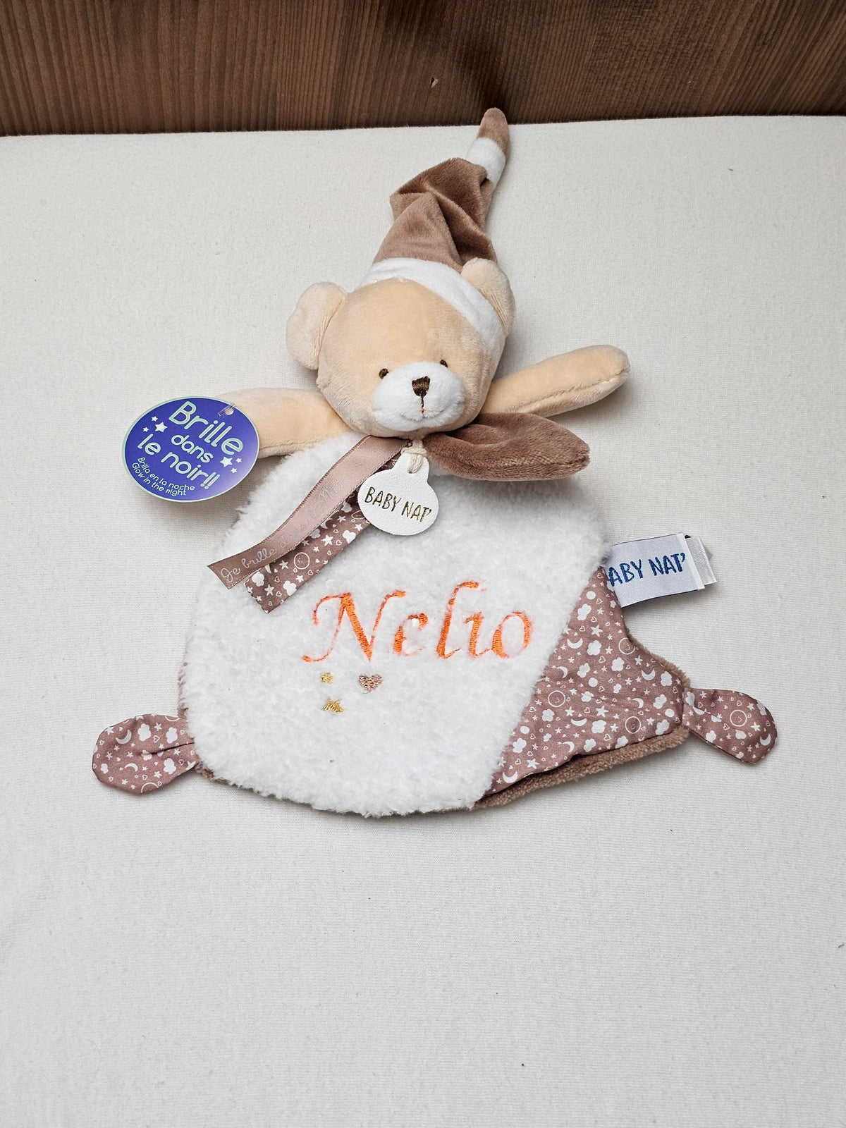 Doudou Ourson Plat "Je brille dans la nuit" Personnalisé | BabyNat