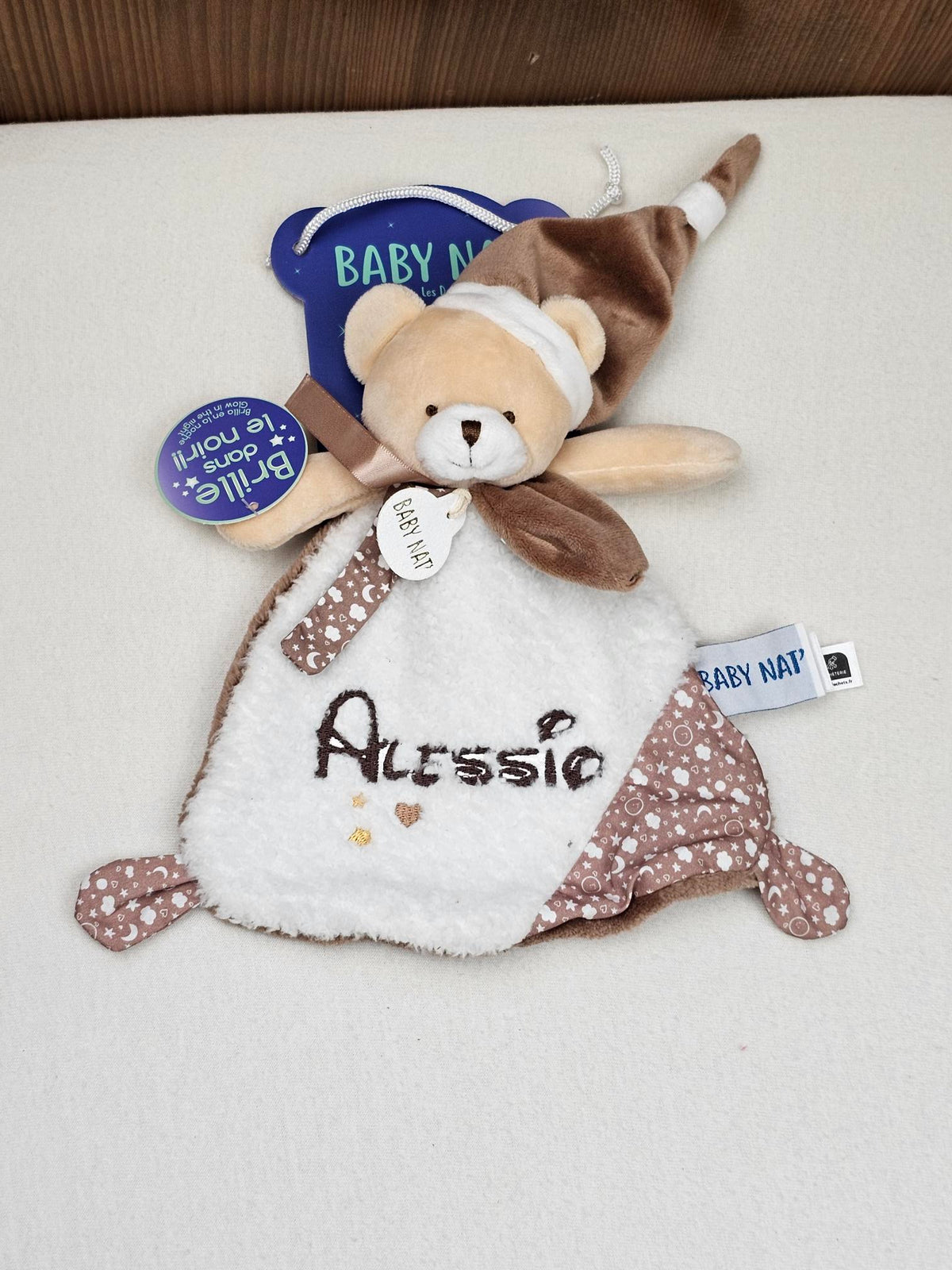 Doudou Ourson Plat "Je brille dans la nuit" Personnalisé | BabyNat