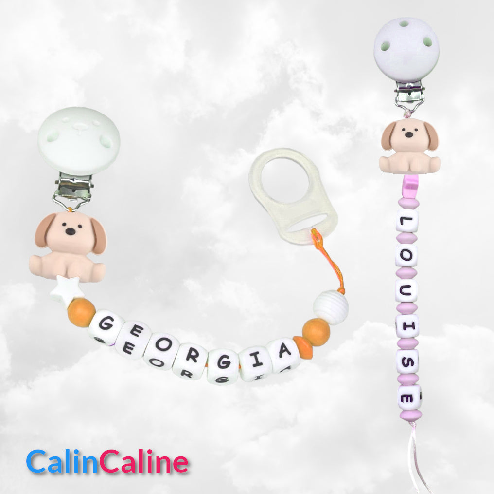 Attache Sucette A Perles En Silicone | Prénom Personnalisée | Chien Beige