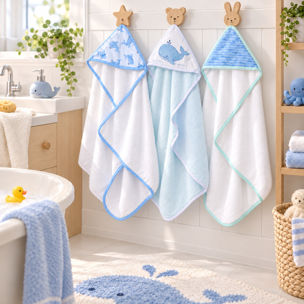 Trio Capes de bain Baleine 0-3 ans | 71cm x 71cm | Prénom Brodé