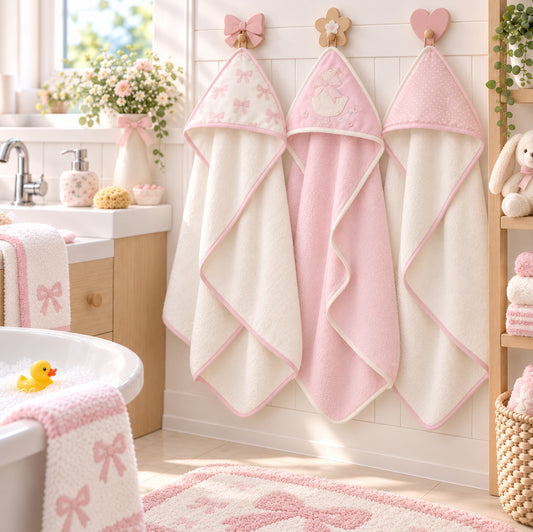 Trio Capes de bain Noeud Rose 0-3 ans | 71cm x 71cm | Prénom Brodé