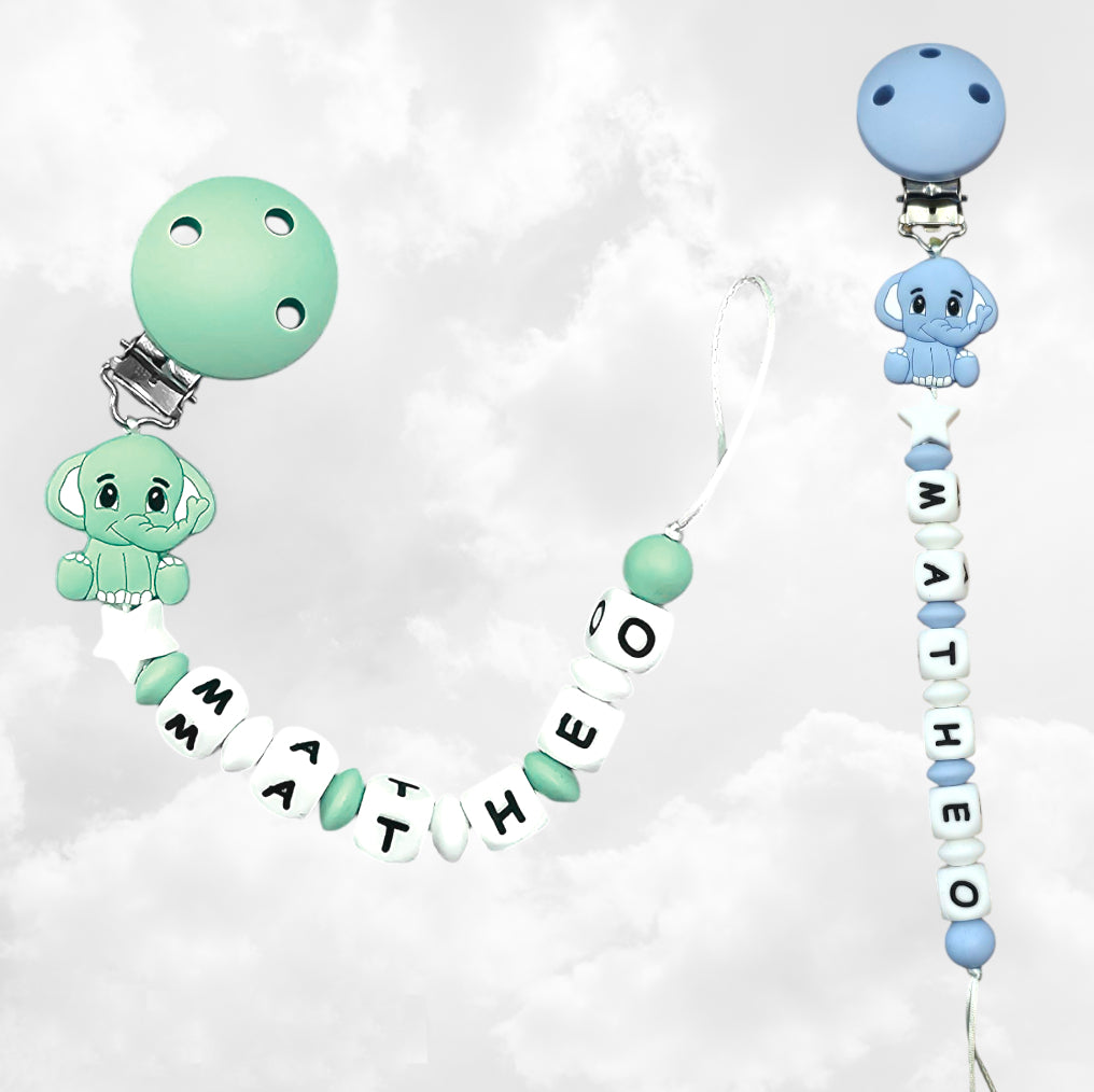 Attache Sucette A Perles En Silicone | Prénom Personnalisée | Eléphant