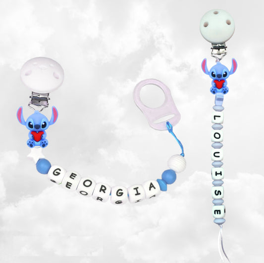 Attache Sucette A Perles En Silicone | Prénom Personnalisée | Stitch Cœur