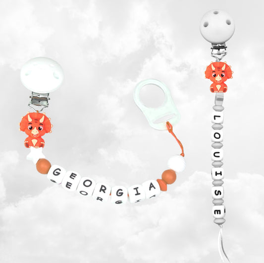 Attache Sucette A Perles En Silicone | Prénom Personnalisée | Triceratops Orange