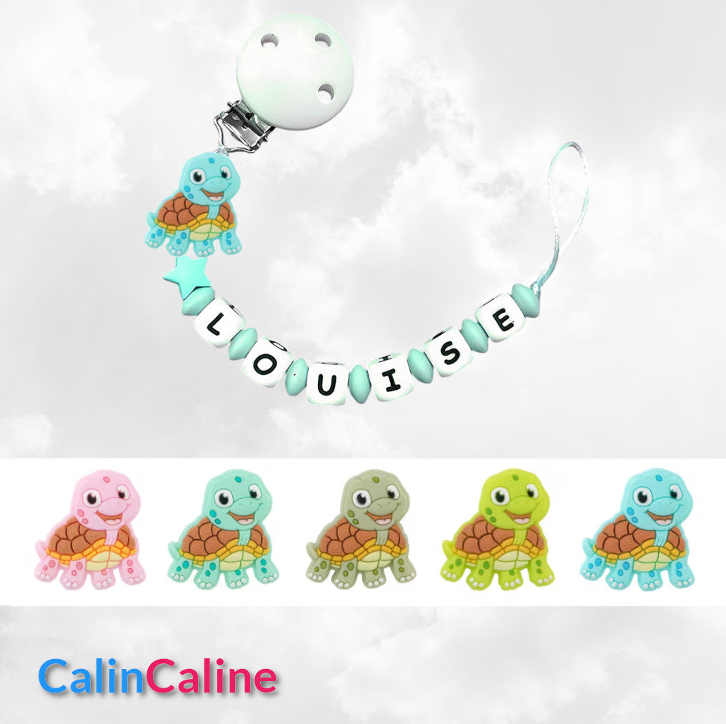Attache Sucette A Perles En Silicone | Prénom Personnalisée | Tortue Happy
