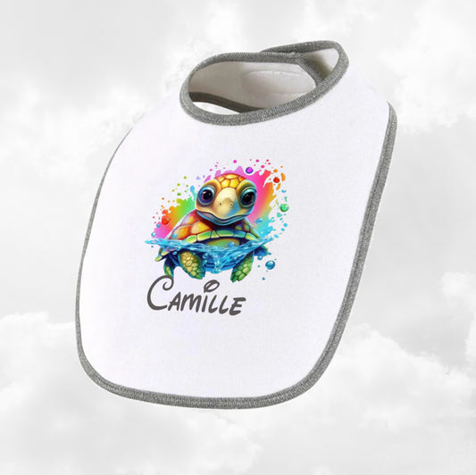 Bavoir Coton bébé blanc/gris chiné personnalisé | Taille Unique | Figurine au choix