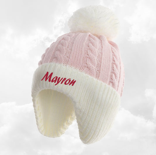 Bonnet Pompon Couvre Oreilles Rose | 0 à 12 mois | Avec Prénom Brodé