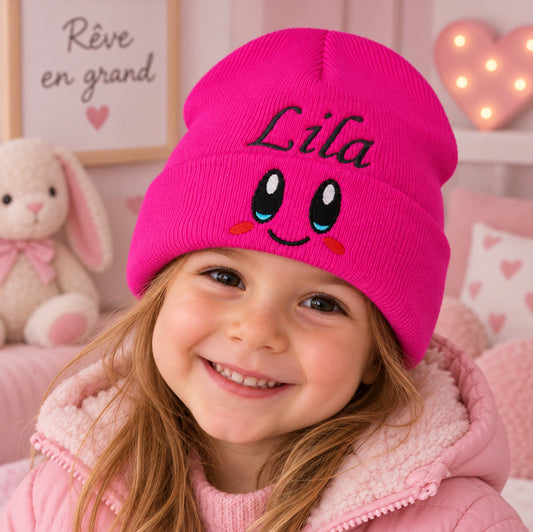 Bonnet Smile Rose Fluo Personnalisé Avec Prénom | Taille Unique